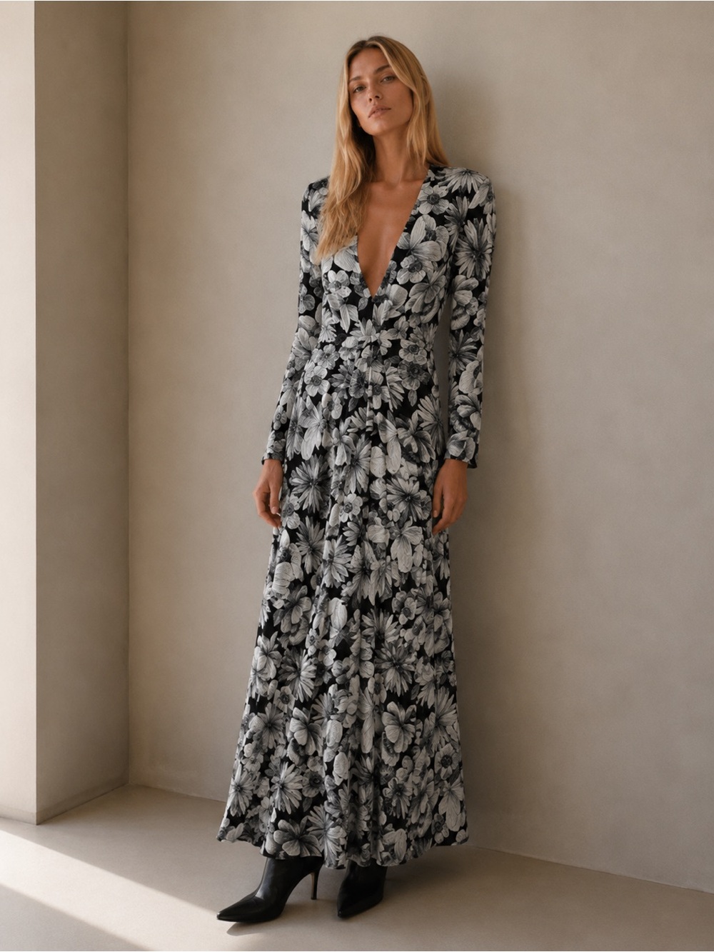 THE KOOPLES Silk Floral Maxi Dress Black Ivory NWT French Size 1